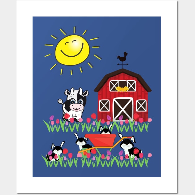 Cute Little Cow Red Barn Smiling Sun Playful Bunnies Wall Art by KutieKoot T's